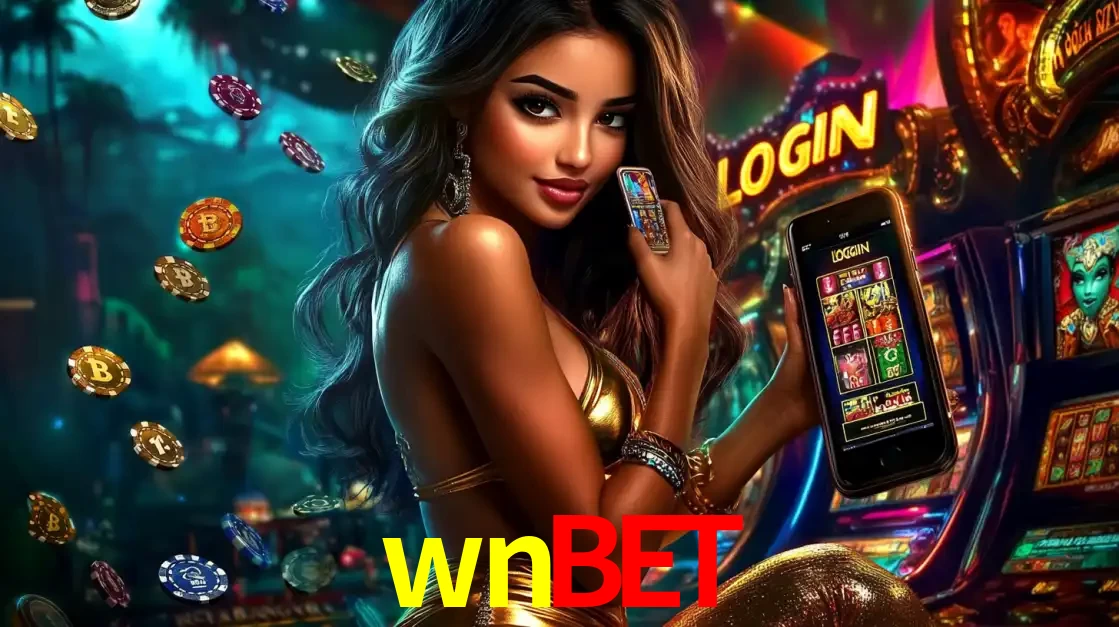 Mulher em um cenário de cassino temático de aventura, mostrando o app de caça-níqueis da wnbet no celular. Fichas de apostas flutuam ao redor.