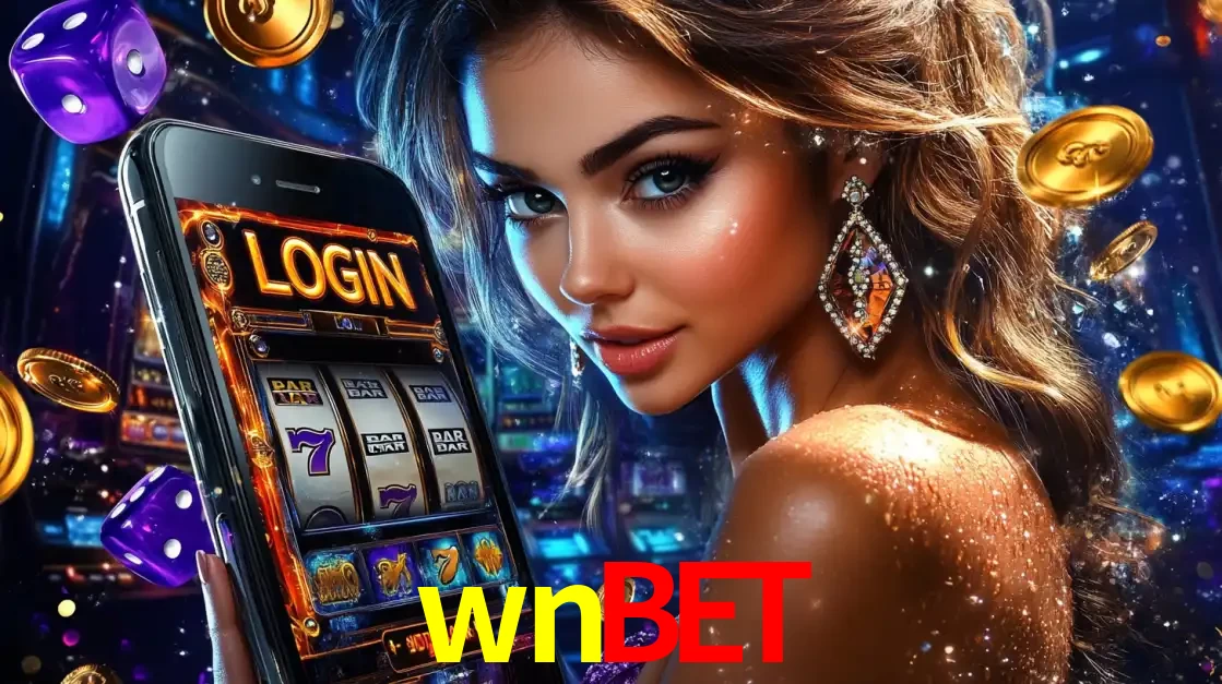 Mulher glamorosa segurando um smartphone com a tela de login para os jogos de caça-níqueis do cassino online wnbet, com moedas de ouro e dados ao redor.