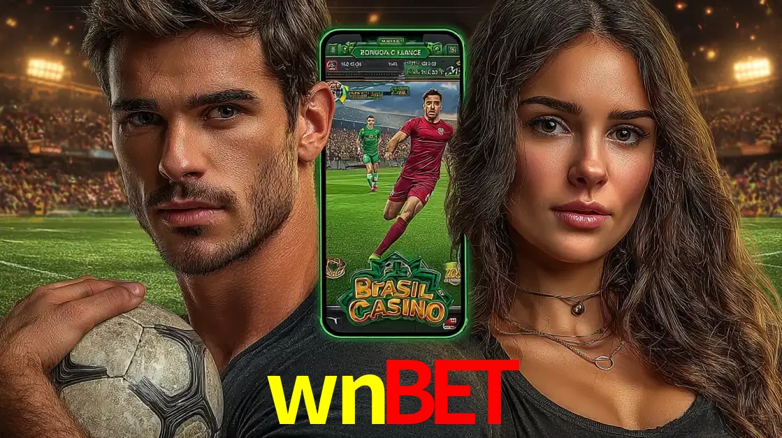 Homem segurando uma bola de futebol e uma mulher ao lado de um smartphone exibindo o jogo de apostas esportivas da wnbet. Faça seu palpite no cassino online.